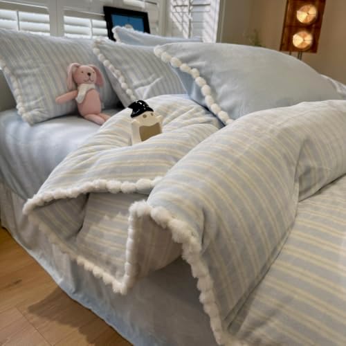 AOJIM Milk Velvet Duvet Cover Set Full Retro Sky Blue Striped Bedding 3Pcs