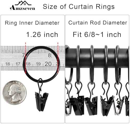 90 Pack Metal Curtain Rings with Clips, 1.26 in ID, Black