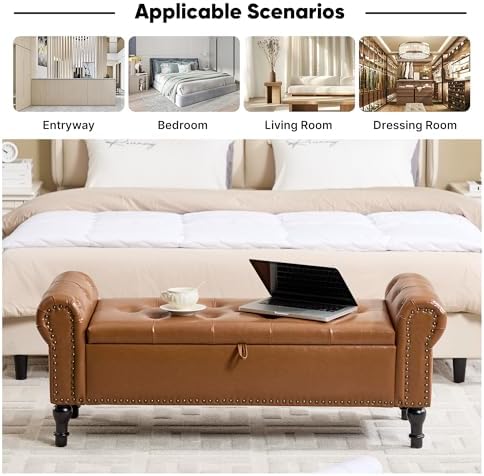 Storage Bench for Bedroom, 51" Upholstered End of Bed Bench, Faux Leather Queen Size Benches with Rolled Arms, Tufted Button Storage Long Ottoman, Living Room, Entryway, Brown