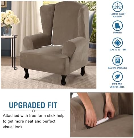 H.VERSAILTEX Wingback Chair Covers Velvet Plush Wing Chair Slipcover 1 Piece High Stretch Wing Back Chair Slipcovers Sofa Cover Furniture Cover with Elastic Bottom, Mocha