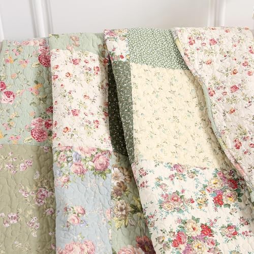 vctops 100% Cotton Quilted Throw Blanket 50x60 Inch Floral Patchwork Reversible All Season Throw (Green B,50"x60")