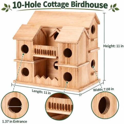10-Hole Cedar Birdhouse Cottage for Outside, Small Bird House