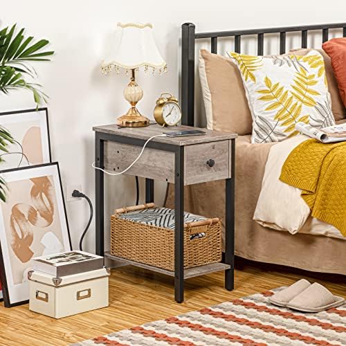 HOOBRO End Tables Living Room, Narrow Side Table with Charging Station, 3-Tier Small Bedside Table with Drawer, Storage Shelves, for Small Spaces, Bedroom, Greige and Black BG041BZ01G1
