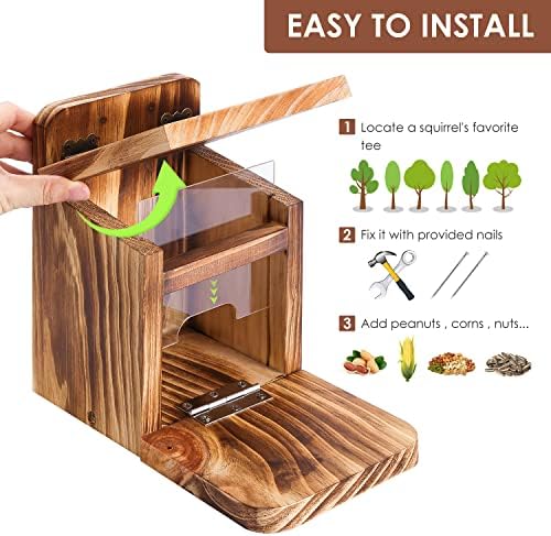 MIXXIDEA Wooden Squirrel Feeder Box, Sturdy Squirrel Feeding House with Thickness 1.5CM Wood, No Assembly Required, for Backyard Outside Garden (1 PCS)