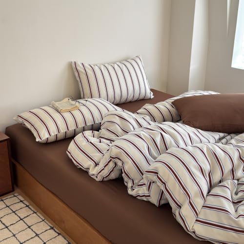 mixinni Retro Striped Duvet Cover Twin Size - 3-Piece Vintage Red Brown & Blue Stripes Printed Duvet Cover Set, Soft Washed Microfiber Bedding, Vintage Stripe Comforter Cover with Zipper&Ties