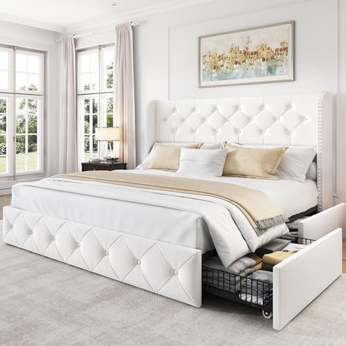 LARMACE Queen Size Bed Frame with 4 Storage Drawers and 47.2" Tall Wingback Headboard Velvet Upholstered Platform Bed Frame Tufted Beds with Wooden Slats Support, Easy Assembly, White