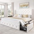 LARMACE Queen Size Bed Frame with 4 Storage Drawers and 47.2" Tall Wingback Headboard Velvet Upholstered Platform Bed Frame Tufted Beds with Wooden Slats Support, Easy Assembly, White