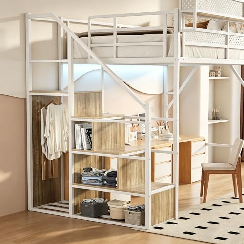 Full Size Metal Loft Bed with Storage Stairs, Wardrobe & Charging Station