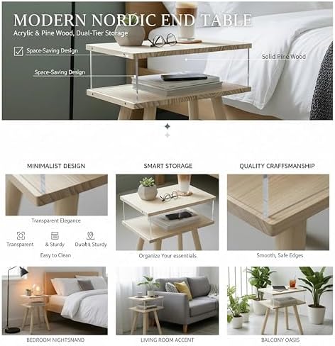 Modern Acrylic Bedside Table, Double-Tier Solid Wood Nightstand with Storage Shelf, Minimalist Floating Side Table Suitable for Bedrooms, Living Rooms, and Compact Spaces