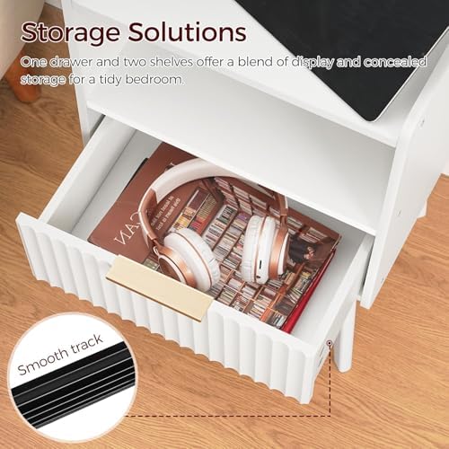 MAHANCRIS White Nightstand with Charging Station, Modern Fluted End Table