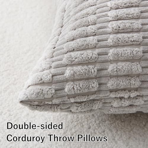 2 Pack Corduroy Decorative Throw Pillow with Inserts, 20x20 Inch Soft Boho Throw Pillow, Square Striped Throw Pillows for Couch, Bed, Sofa Decor (Light Gray)
