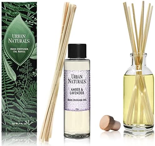 Urban Naturals Reed Diffuser Oil Refill Amber & Lavender, Soothing Lavender, Warm Amber, Calming Room Scent, 4 oz + Free Reed Sticks, Made in the USA