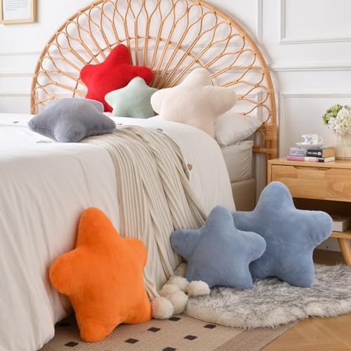 Star Pillow, Decorative Throw Pillows for Bed Couch, 15" Star Shaped Pillow Plush Floor Cushions Room Decor Pillow with Faux Rabbit Fur for Sofa Bedroom Living Room (Red, 15" x 15")