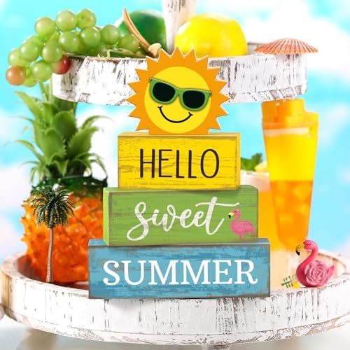 Yuntau 4 Pcs Summer Tiered Tray Decor Hello Sweet Summer Wood Block Signs
