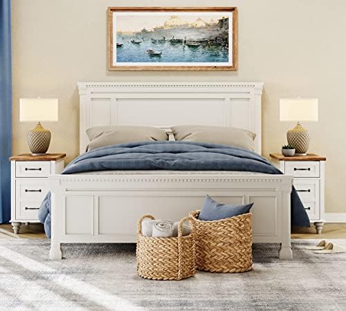 WAMPA Set of 2 End Tables with Charging Station, Off White Wood Nightstand