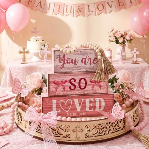 Yuntau 4 Pcs Pink Christian Table Decor Wooden Bow Decor Blocks Sign