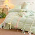 Colorful Striped Ruffled Bedding with Cute Bow,Chic Ruffle Romantic Queen Duvet, Coquette Aesthetic Style 3 piece Duvet Cover Set-1Queen Duvet Cover with 2 Pillowcases, No Comforter