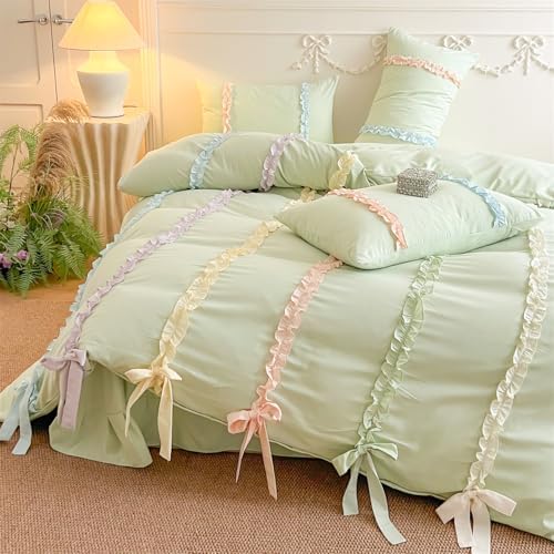 Colorful Striped Ruffled Bedding with Cute Bow,Chic Ruffle Romantic Queen Duvet, Coquette Aesthetic Style 3 piece Duvet Cover Set-1Queen Duvet Cover with 2 Pillowcases, No Comforter