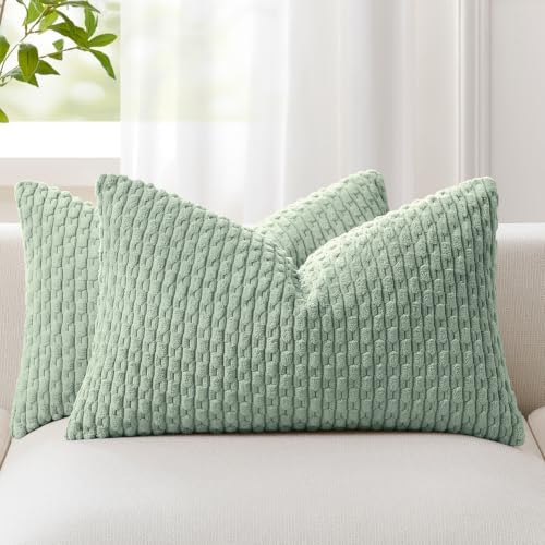 Kevin Textile Soft Corduroy 12"x20" Lumbar Pillow Covers 2 Pack, Grey Green