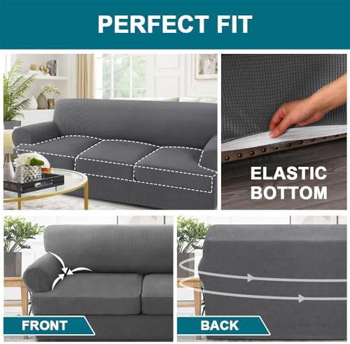 Turquoize 4 Piece T Cushion Sofa Slipcovers Stretch Couch Cover Furniture Covers with 3 Individual T Cushion Covers, Machine Washable (3 Cushion Sofa, Gray)