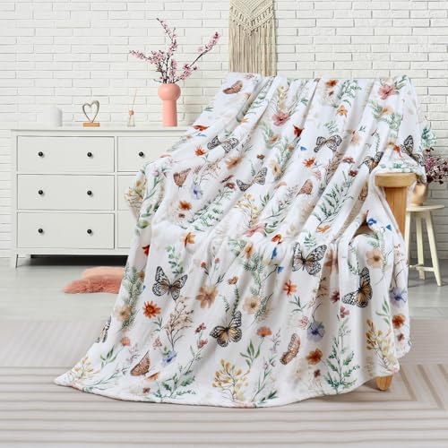 Floral Blanket Butterfly Wildflower Throw Blankets Colorful Flowers Botanical Plant Leaf Blanket Soft Cozy Flannel Fleece Bed Blankets for Couch Sofa Bed Lounging