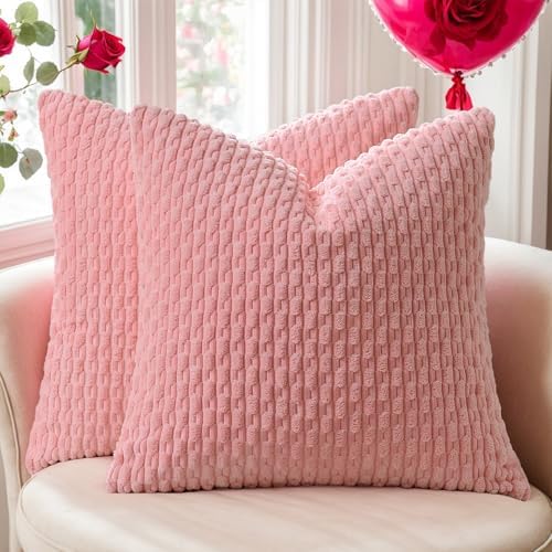 Kevin Textile Soft Corduroy 24x24 Inch Pillow Covers 2 Pack, Dark Pink