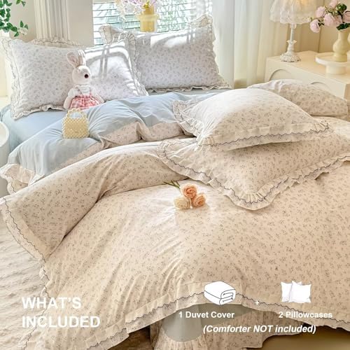Floral Twin Size Duvet Cover with Lace Ruffles Soft 100% Cotton Comforter Cover Set for Teen Girls Kids,Blue Flower Cute Bedding Set 3 Pieces,Includes 1 Duvet Cover& 2 Pillowcases
