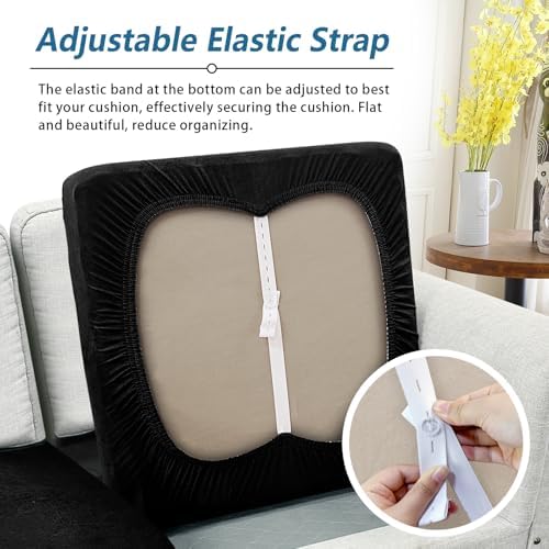 Couch Cushion Covers Leather-Look 3PC Stretch Extra Large Sofa Seat Slipcover Sets Individual Couch Seat Cushion Cover, Pet-Friendly, Non-Slip, Easy Fit - Black