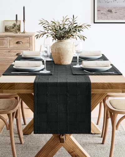 ZeeMart Linen Checked Farmhouse Table Runner, 13x72 Inches Black