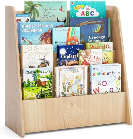 Costzon 4-Tier Kids Bookshelf, Front Facing Children Bookcase with Deep Compartments, Magazine Storage Rack for Kids Bedroom, Playroom, Nursery, Classroom, Kindergarten (Natural)