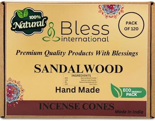 Bless International Sandalwood 100%-Natural-Incense-Cones Handmade-Hand-Dipped Organic-Chemicals-Free for-Purification-Relaxation-Positivity-Yoga-Meditation The-Best-scents 120 Count