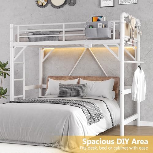Twin Size Loft Bed with LED Lights and Charging Station, Industrial Heavy Duty Metal Loft Bed Frame with Ladder and Guardrail for Kids Adults, Small Space Saving Design for Bedroom Dorm, White