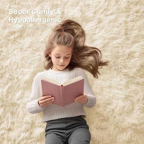 OLANLY Area Rugs for Living Room Bedroom, Machine Washable 4x5.9 ft Soft Fluffy Shaggy Bedside Rug, Indoor Floor Carpet for Kids Girls and Boys, Dorms, Nursery Rooms, Home Decor Aesthetic, Cream