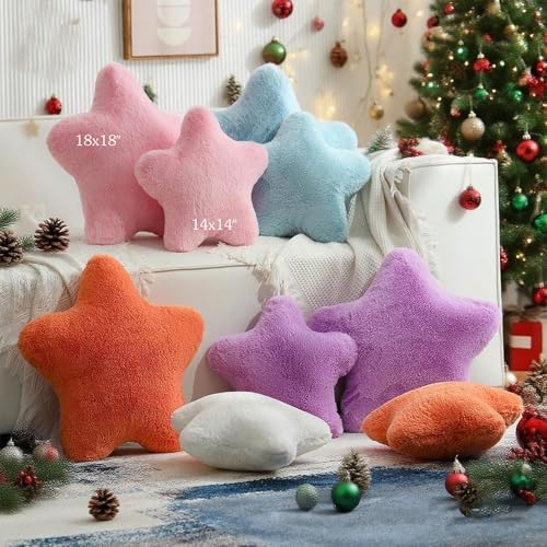 YRXRUS Star Pillows, Christmas Pillows, Light Blue Star Shaped Pillow, Gifts, Cute Plush Throw Pillow Room Decor, Fluffy Faux Rabbit Fur 18"x18", Living Bedroom