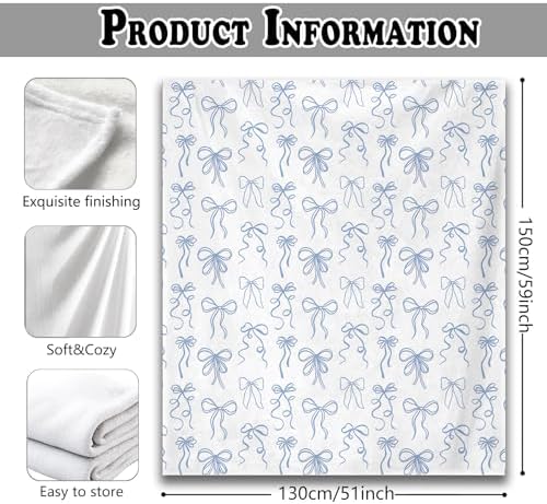 Blue Bow Throw Blanket for Couch, Girly Room Decor Aesthetic, Coquette Blue Ribbon Bow Throw Blanket for Girls Bedroom Dorm Living Room Home Decoration, 50x60 Inches