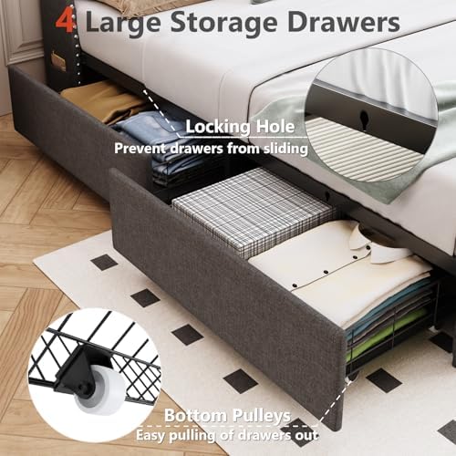TIGUBFRE Queen Size Bed Frame with 4 Drawers and Storage Headboard, Upholstered Wingback Bed Frame with LED Lights and Charging Station, No Box Spring Needed, Easy Assembly, Noise Free, Gray