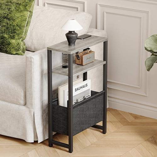 Narrow Side Table, Slim End Table with Magazine Rack, Skinny Bedside Table for Small Spaces, 3 Tier Sofa Couch Table Nightstand for Living Room, Bedroom,Oak Grey LET503Q