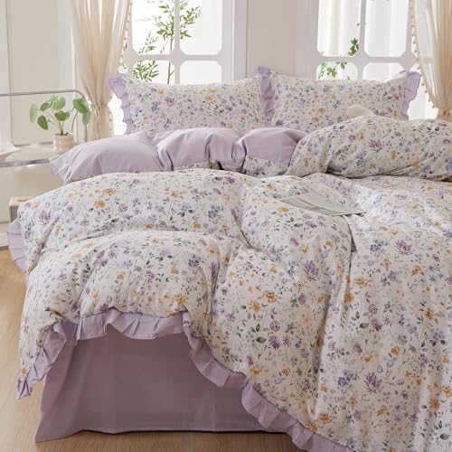 HighBuy Farmhouse Ruffle Duvet Cover Full Size,Purple Floral 100% Cotton Durable Duvet Cover Set Coquette Soft Lilac Comforter Cover Quilted Cover for Women Girls,Cottagecore Bedding Set