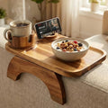 Couch Armrest Table, Acacia Wood Sofa Arm Tray with 360° Rotating Phone & Cup Holder, Clip-On Arm Rest Table for Couch, Anti-Slip Armrest Tray for Snacks & Drinks, 15.4" x 9.8"
