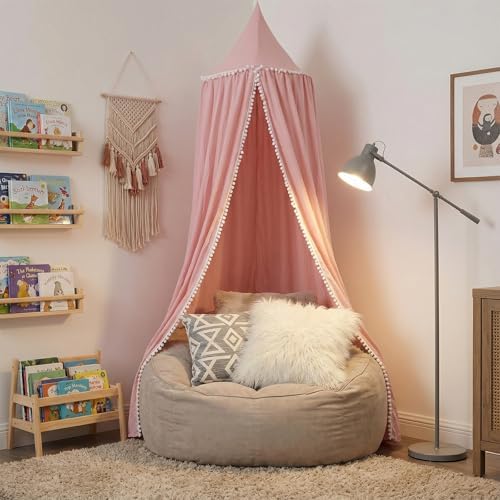 LOAOL Bed Canopy with Pom Pom Kids Reading Nook Hanging Tent (Pink)