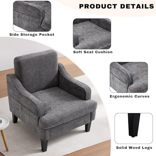Set of 2 Accent Chair for Living Room,Mid-Century Arm Chair Fabric Living Room Chairs,Upholstered Reading Chair for Bedroom,Single Sofa Chair with Wood Legs for Apartment (Dark Grey)