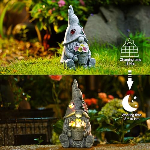 Goodeco Solar Sitting Gnome with LED Flower Light Garden Decor