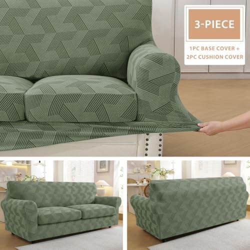 ZNSAYOTX 3 Piece Stretch Couch Covers (72"-90") New-Rectangle Texture, Thick Sofa Covers for 2 Cushion Couch Universal Sofa Slip Cover with Elastic Bottom & Buckle, Washable Protector Army Green