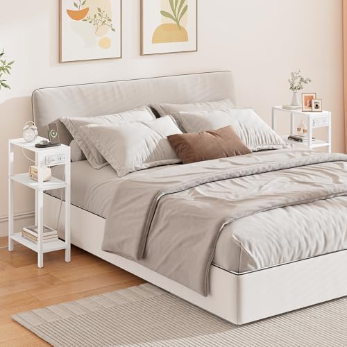 TUTOTAK Narrow Side Table, 3-Tier Small End Table with Charging Station
