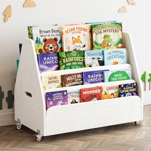 SpaceAid Double-Sided Mobile Bookshelf, Montessori Bookcase for Toddlers, Wooden Book Storage Organizer Shelf Furniture for Kids Rooms, Playroom, Nursery and Classroom, 29.5“ Wide 4-Tier, White
