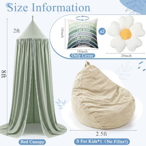 Kids Reading Nook Set with Canopy Tent, Bean Bag Cover & Pillow,Green