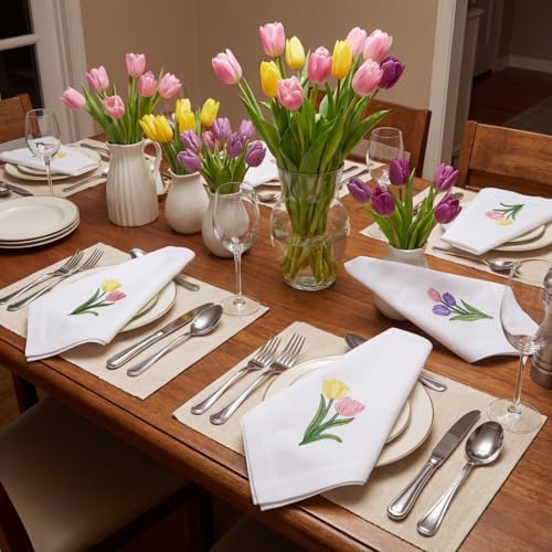 HunnmingRe 12 Pcs Spring Floral Cloth Napkins 100% Cotton, 17x17inch