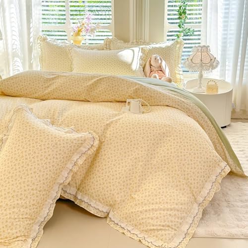 Yellow Floral Duvet Cover Set Twin Size 3 Pcs,100% Cotton Soft Comfy Flower Bedding Set with Lace Ruffles,Breathable Lightweight Comforter Covers with 2 Pillowcases 68"×86"