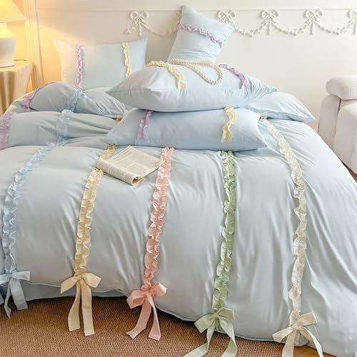 Colorful Striped Ruffled Bedding with Cute Bow,Chic Ruffle Romantic Full Duvet, Coquette Aesthetic Style 3 piece Duvet Cover Set-1 Full Duvet Cover with 2 Pillowcases, No Comforter