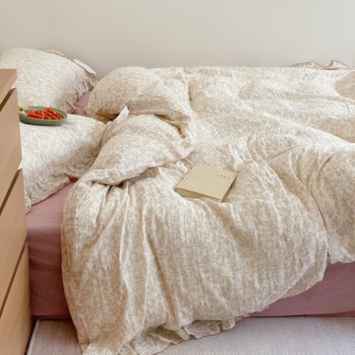 AOJIM Floral Print Kids Duvet Cover Twin Size, 3-Piece Super Soft 2-Layer Gauze Muslin Cotton Ruffled Bedding Set - Vintage Zipper Comforter Cover & 2 Pillowcases, Forest Themed Patterns, Easy Care